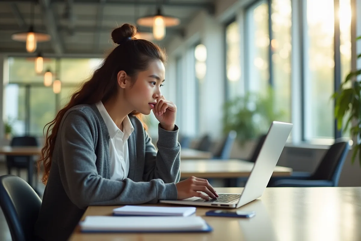 Jeune adulte concentré au coworking lumineux