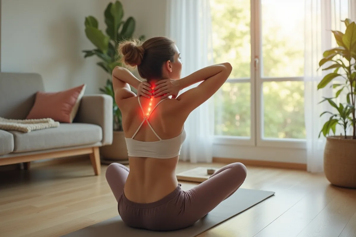 Jeune adulte se relaxant en yoga dans un salon lumineux