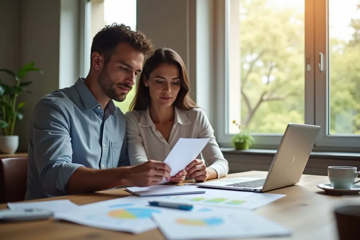 Jeune couple discutant de finances à une table lumineuse