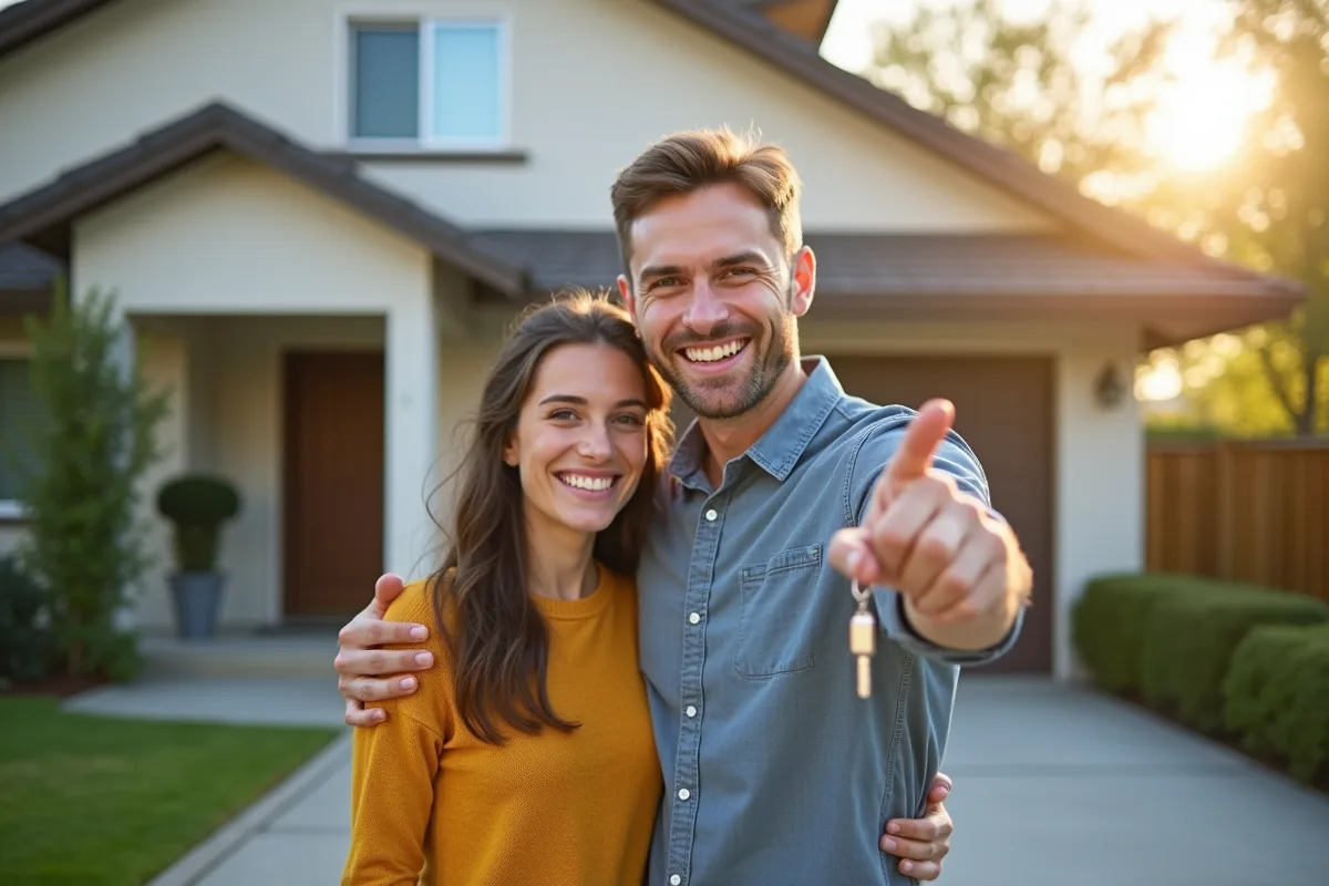 Jeune couple souriant devant leur maison neuve avec clés