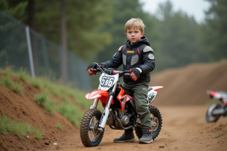 Jeune garçon avec casque et moto tout-terrain