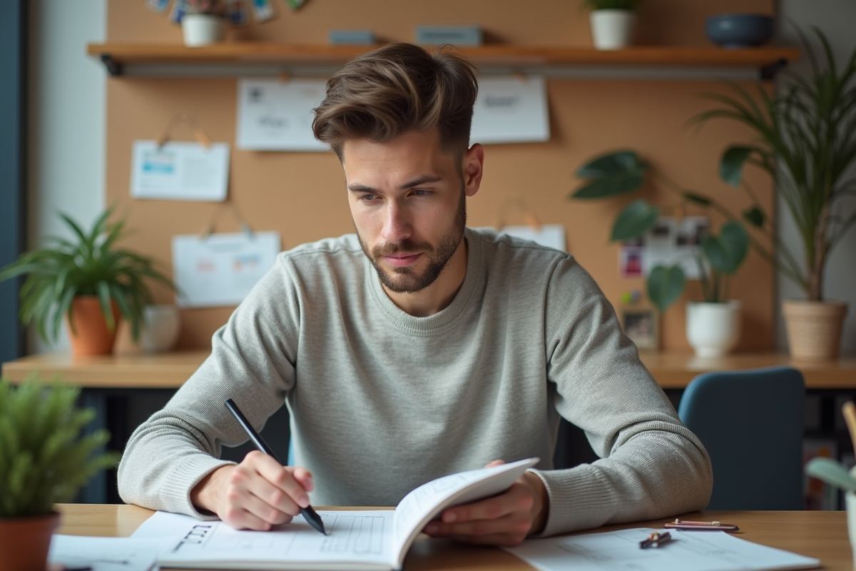 Jeune designer pensif avec tablette et croquis