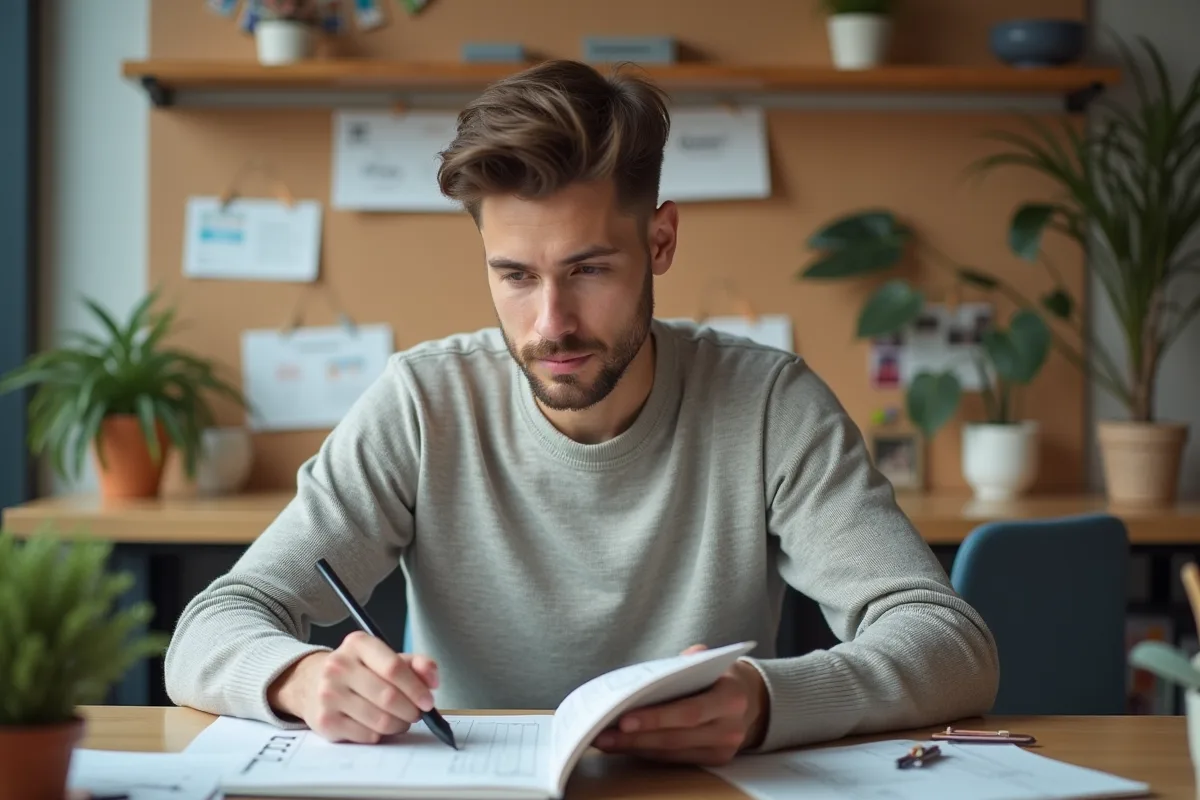 Jeune designer pensif avec tablette et croquis