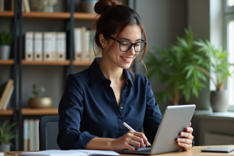 Jeune femme professionnelle utilisant une tablette dans un bureau moderne