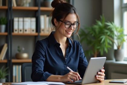 Jeune femme professionnelle utilisant une tablette dans un bureau moderne