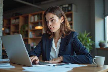 Jeune femme en bureau moderne travaillant sur son ordinateur