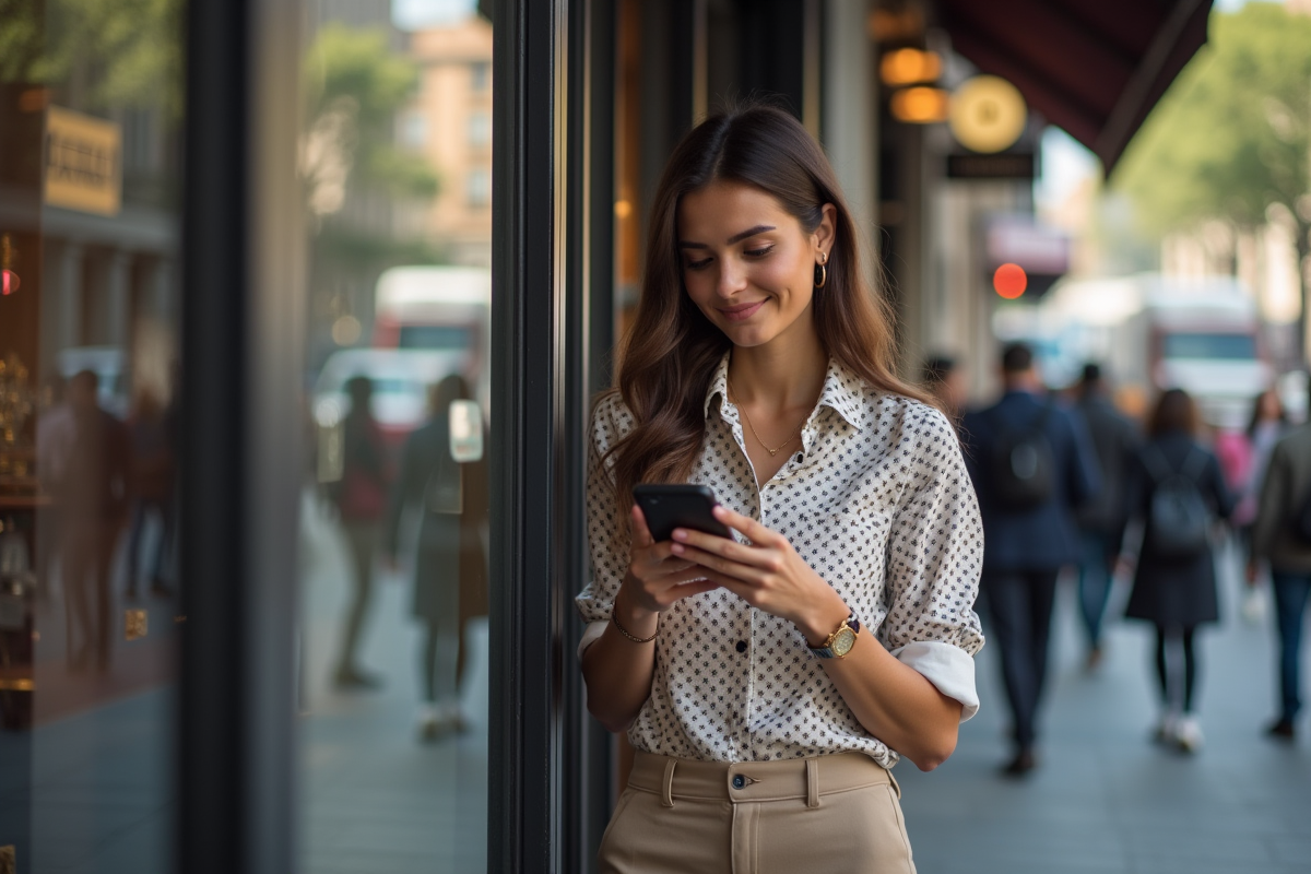 Jeune femme debout près d un café en ville regardant son téléphone