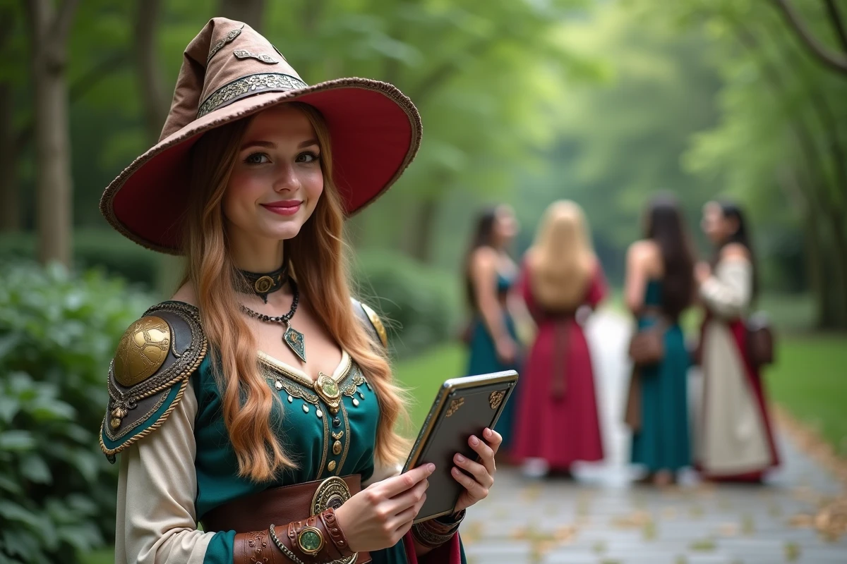 Jeune femme en cosplay mage avec tablette dans un parc verdoyant