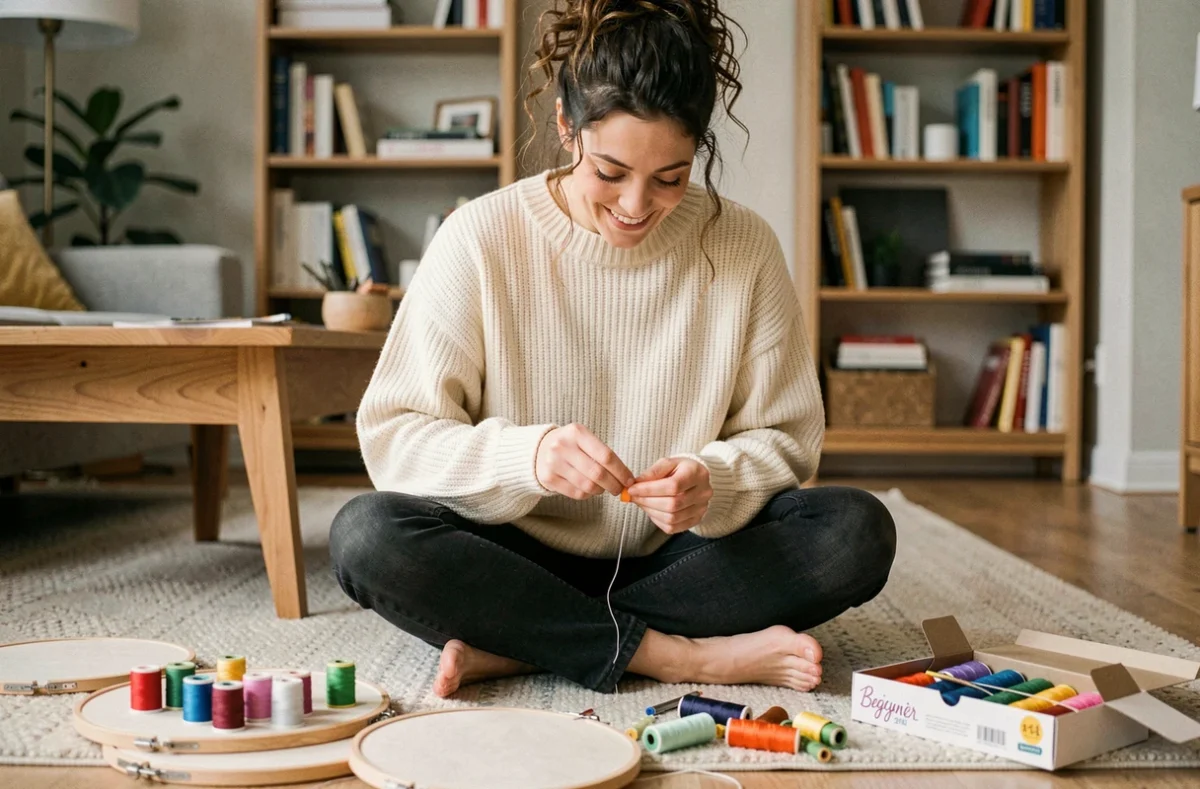 Jeune femme adulte débutante en broderie assise sur le sol de son salon entourée de fils colorés et d'un kit créatif