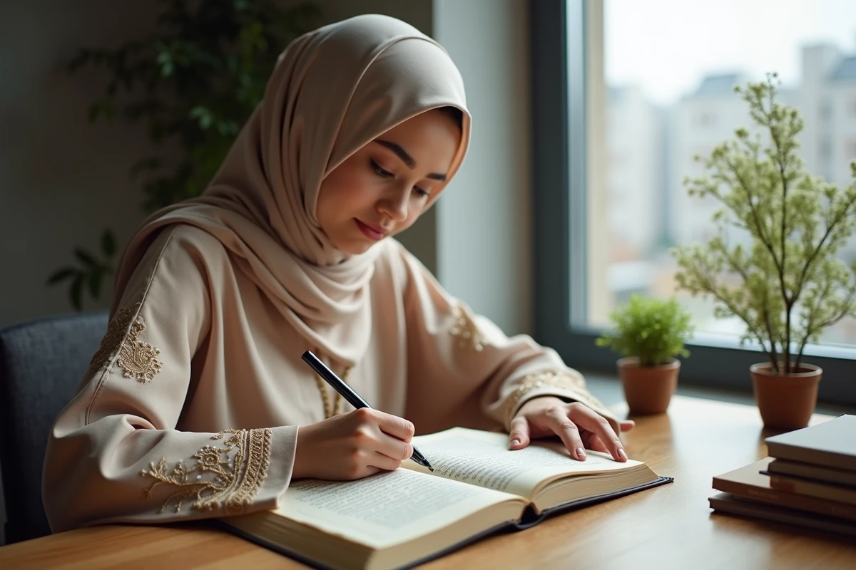 Jeune femme musulmane &eacute;crivant des versets du Quran