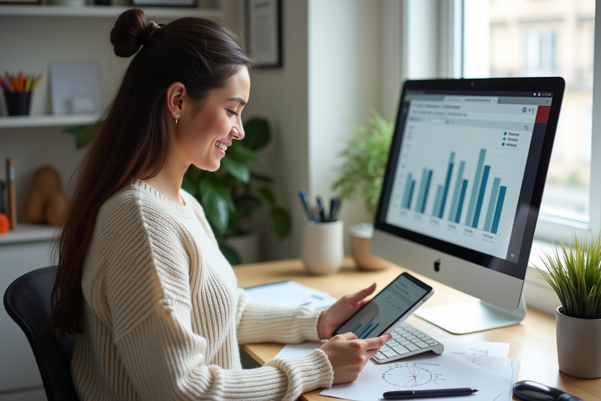 Jeune femme analysant ses dépenses sur une tablette dans un bureau