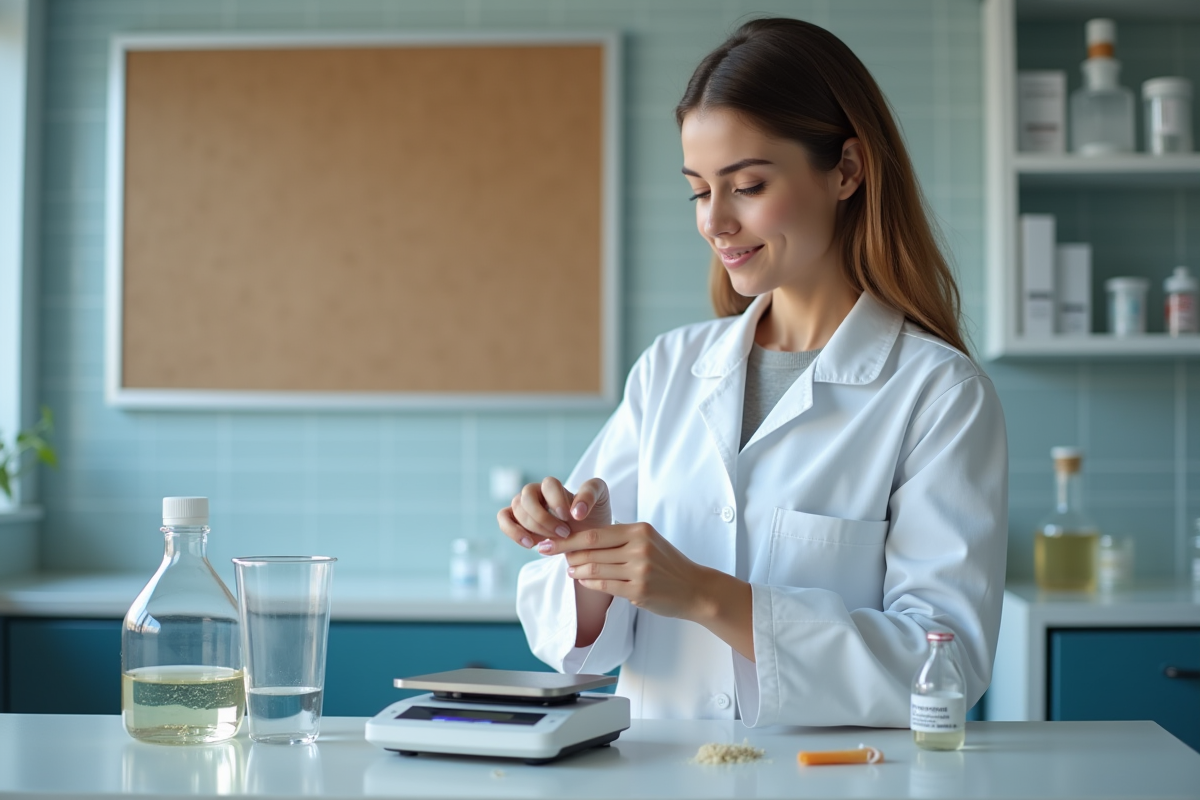 Jeune femme en blouse blanche mesure une poudre en laboratoire