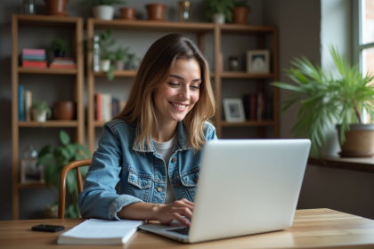 Jeune femme concentrée utilisant un ordinateur portable dans un intérieur cosy