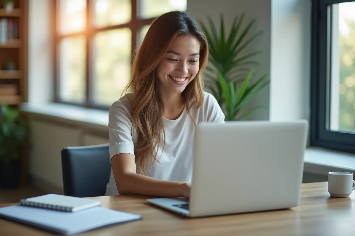 Jeune femme souriante utilisant un ordinateur avec Google Translate