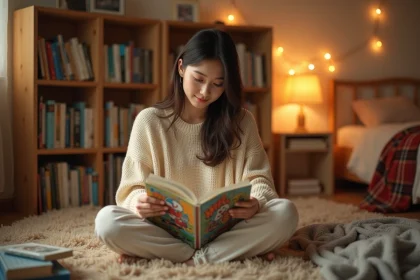 Jeune femme lisant un manhwa coréen dans sa chambre cosy entourée de volumes de webtoons