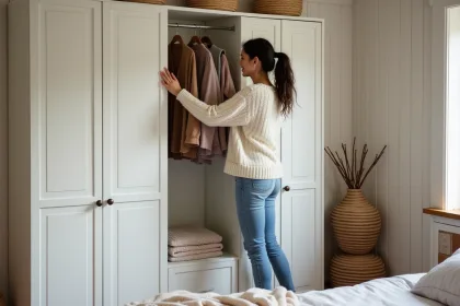 Jeune femme arrangeant ses vêtements dans un placard organisé