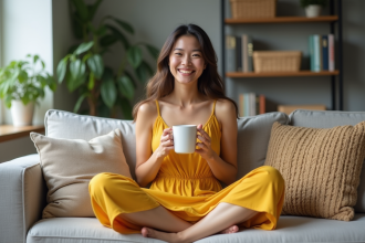 Jeune femme souriante en robe jaune dans un salon cosy