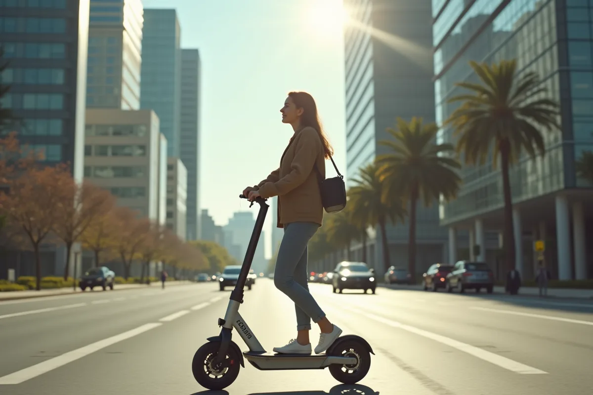 Jeune femme roulant en scooter électrique en ville