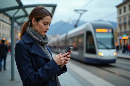 Jeune femme en tram &agrave; Grenoble v&eacute;rifiant son smartphone