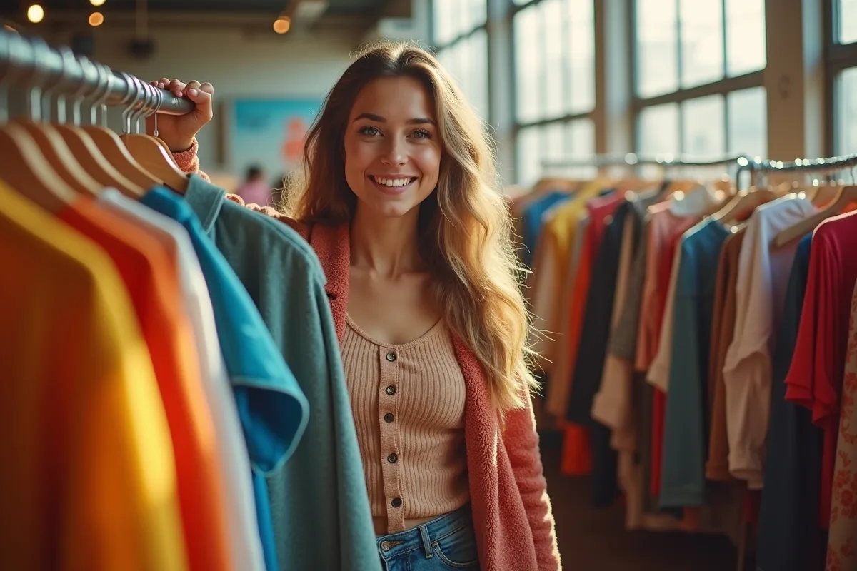 Jeune femme souriante choisissant des vêtements d'occasion dans un magasin lumineux