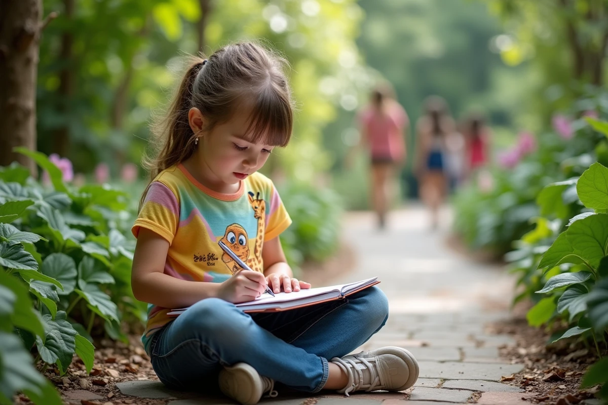 Jeune fille dessinant Melman dans un jardin botanique
