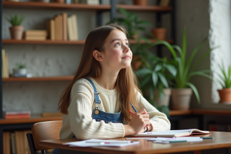 Jeune fille pensant dans une salle de classe lumineuse