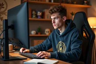Jeune homme concentré devant son ordinateur gaming dans une chambre cosy