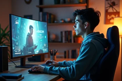Jeune homme concentré devant son écran de jeu Aeonscope
