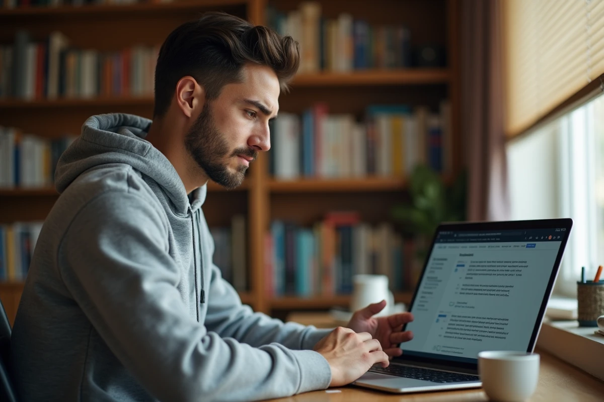Jeune homme consultant une archive de forum JVC sur son ordinateur portable dans un bureau à domicile