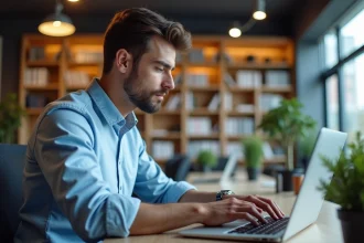 Jeune homme au bureau regardant un site portfolio sur son laptop