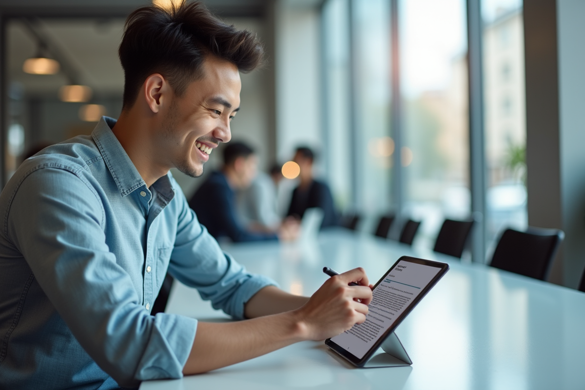 Jeune homme travaillant avec une tablette dans un espace de coworking