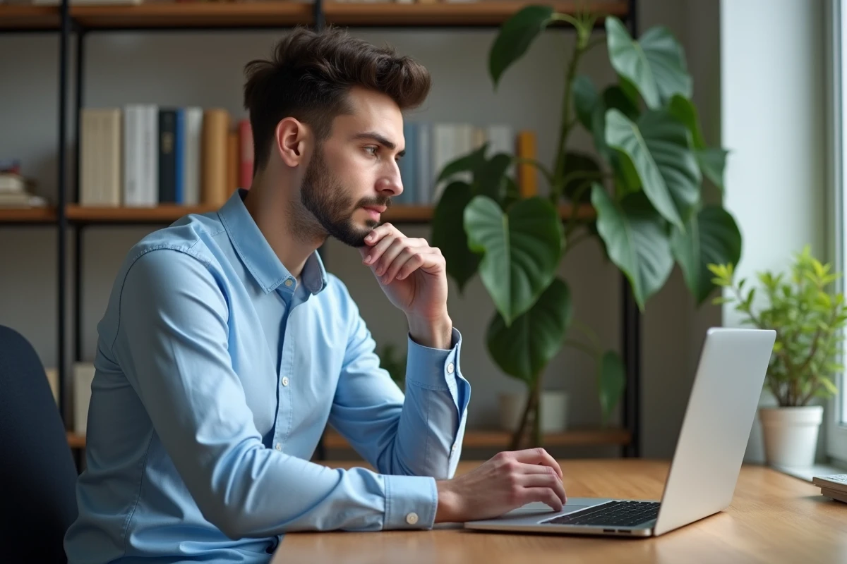 Jeune homme en bureau à domicile concentré sur son ordinateur