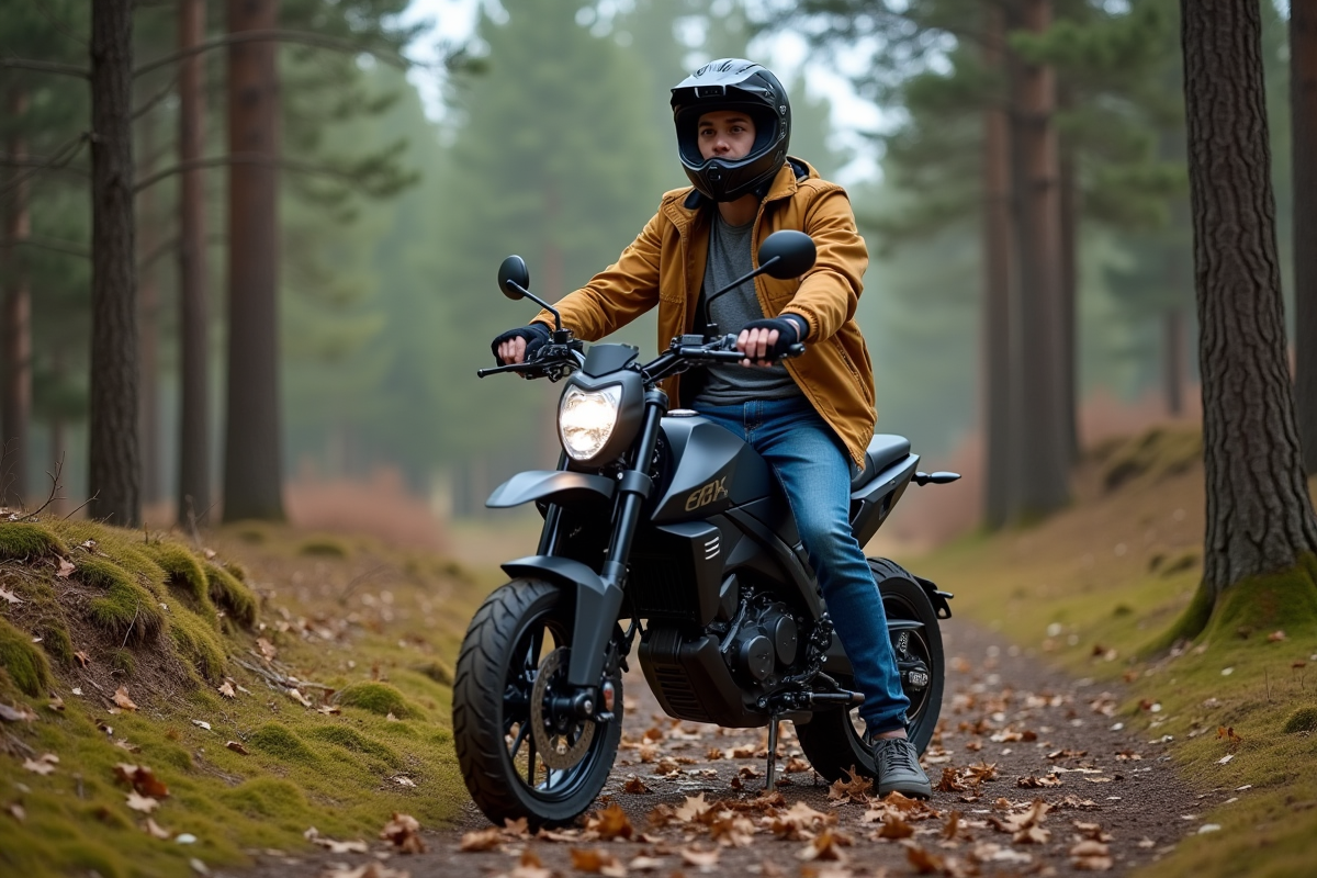 Jeune homme en casque sur moto électrique en forêt