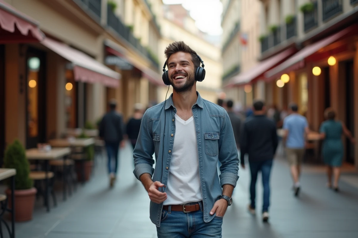Jeune homme &eacute;coutant musique dans la rue anim&eacute;e