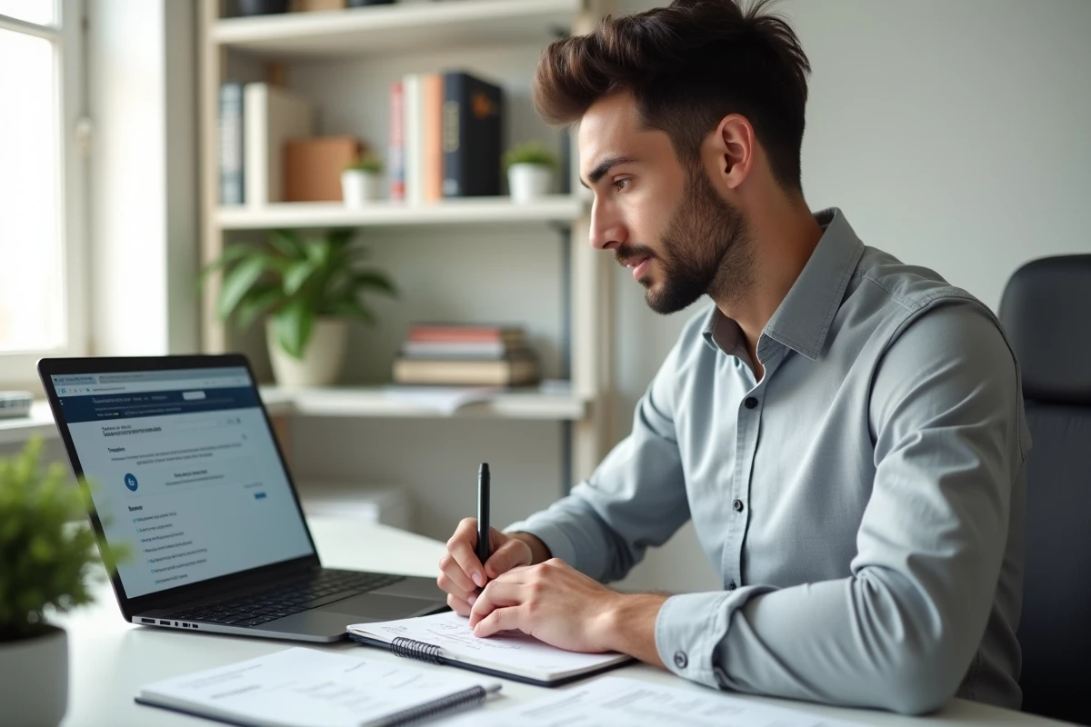 Jeune homme prenant des notes sur les synonymes de stage pour améliorer son profil LinkedIn depuis son bureau à domicile