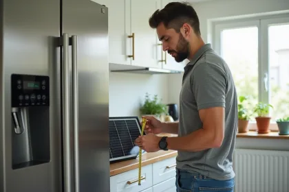 Jeune homme examine un kit solaire dans sa cuisine moderne