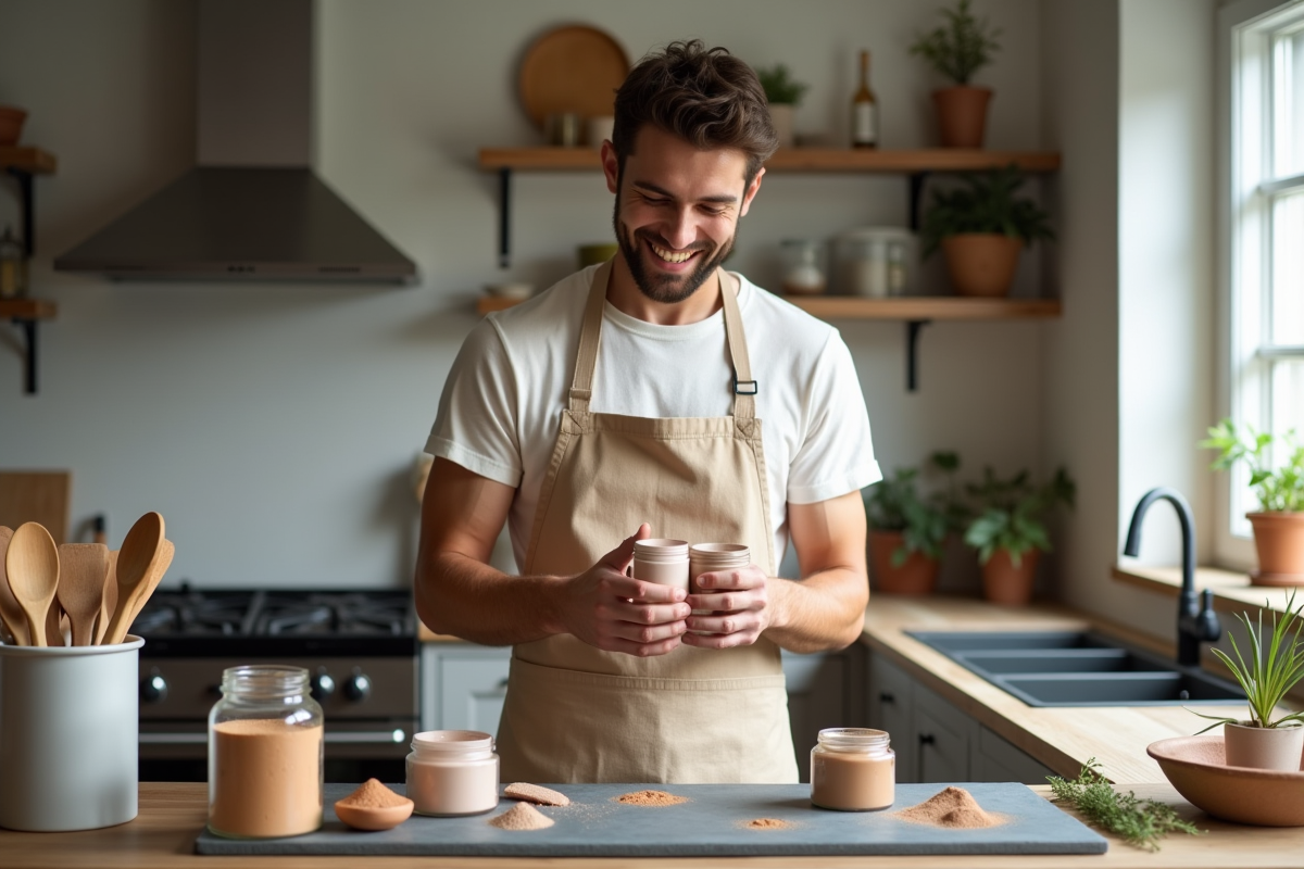 Jeune homme examinant des pots de peinture naturelle dans une cuisine moderne
