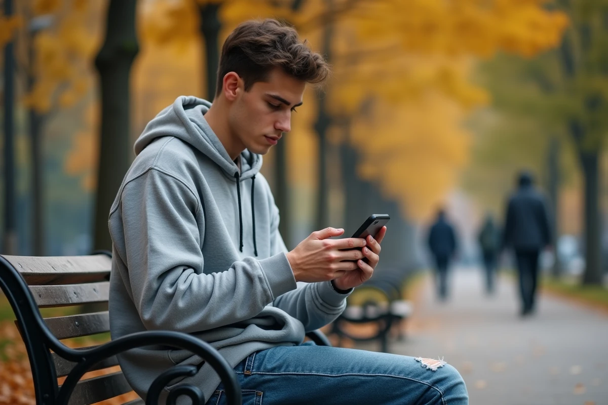 Jeune homme assis sur un banc de parc en réfléchissant