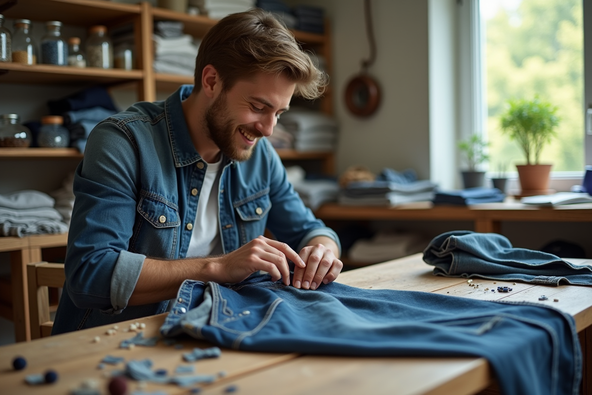 Jeune homme cousant un jean dans son atelier