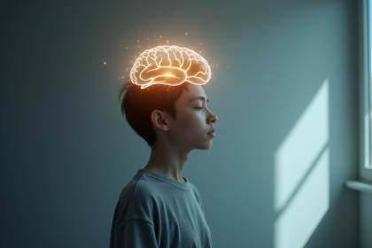 Jeune personne réfléchie avec motif lumineux cerveau