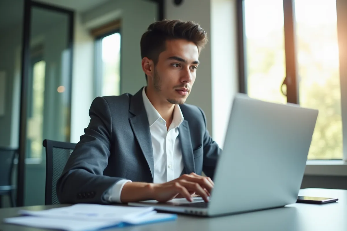 Jeune professionnel travaillant sur un ordinateur portable moderne dans un bureau lumineux