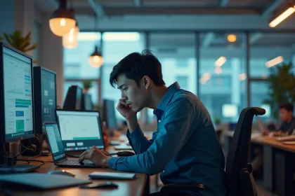 Jeune professionnel stressé au bureau avec écrans et notifications