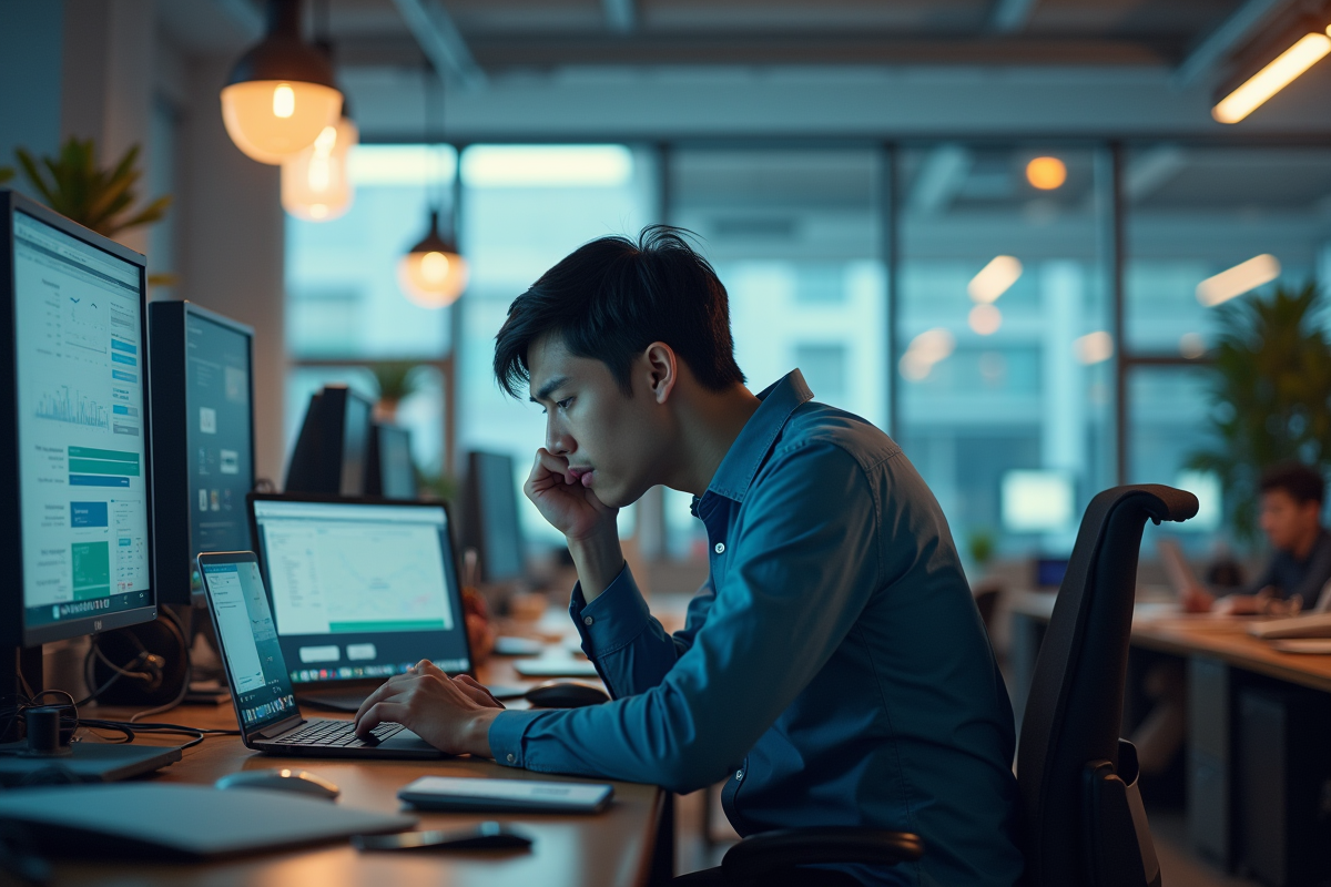 Jeune professionnel stressé au bureau avec écrans et notifications