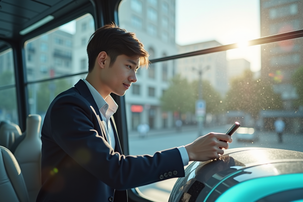 Jeune professionnel utilisant un shuttle autonome dans un environnement urbain lumineux