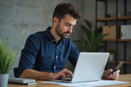 Jeune homme professionnel compare des traductions sur son ordinateur