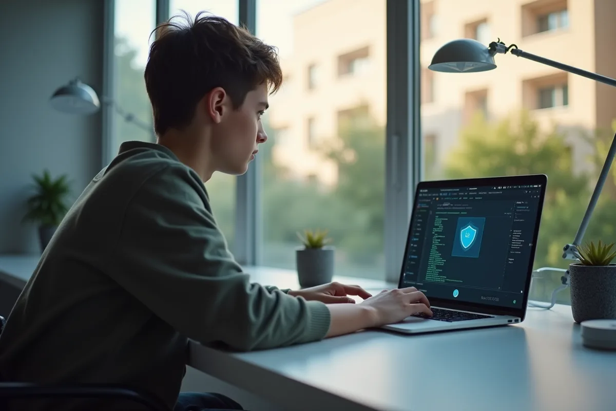 Jeune personne utilisant un VPN sur un ordinateur portable dans un bureau lumineux