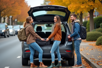Trois jeunes adultes chargent un coffre de voiture en automne