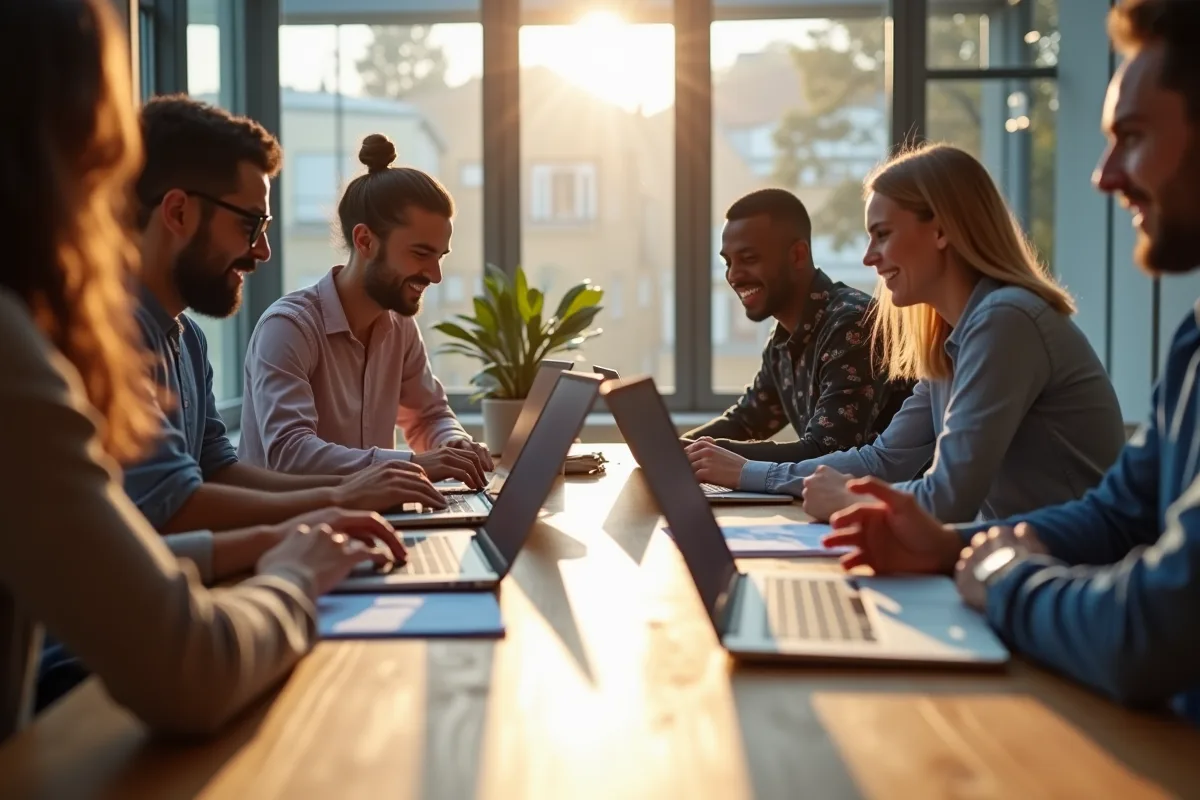 Groupe de jeunes entrepreneurs travaillant ensemble dans un espace lumineux