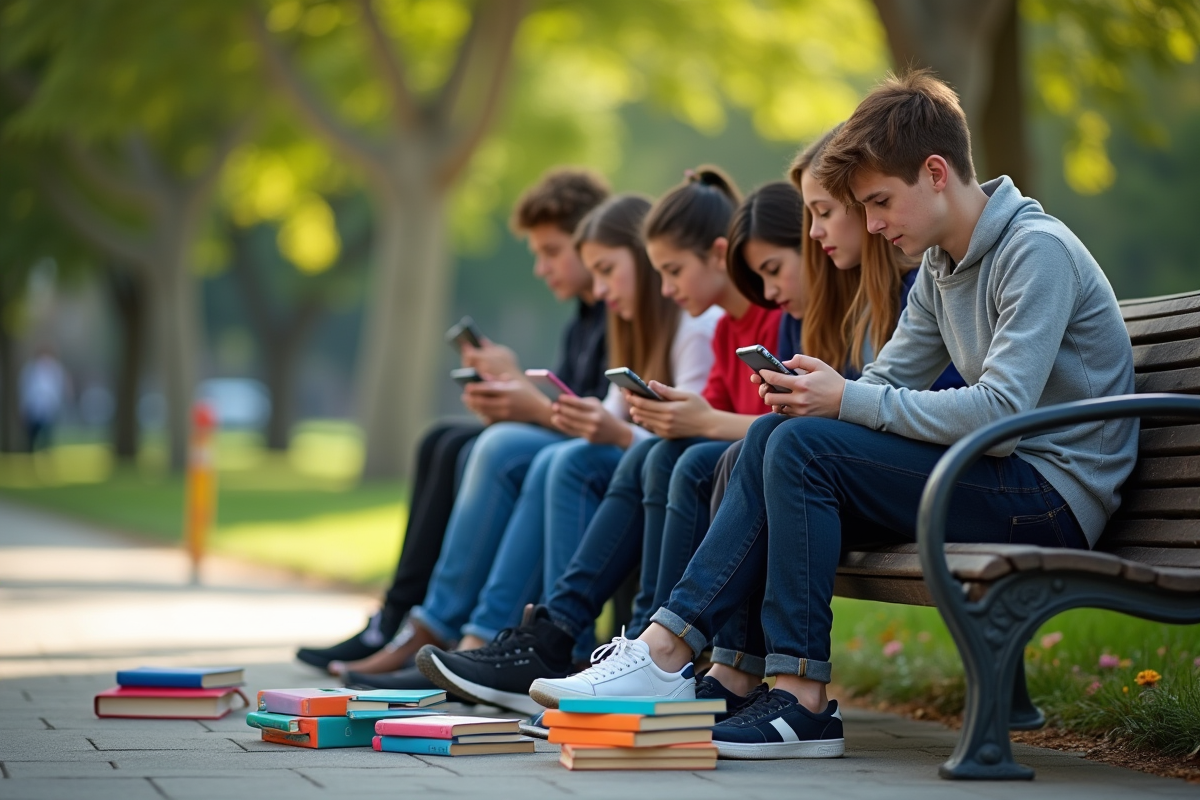 Jeunes dans un parc regardant leurs smartphones et livres