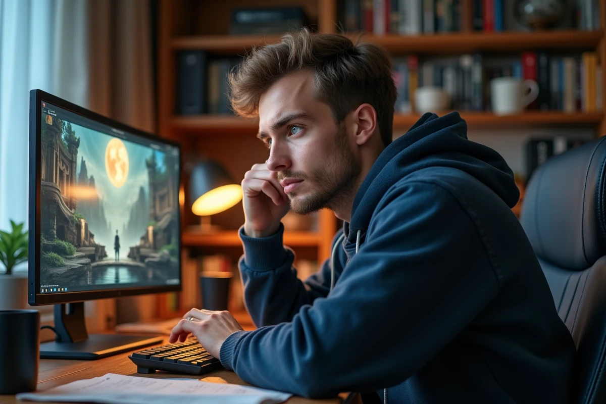 Joueur de Dofus réfléchissant à l'évolution de son métier de Mineur devant son écran de jeu